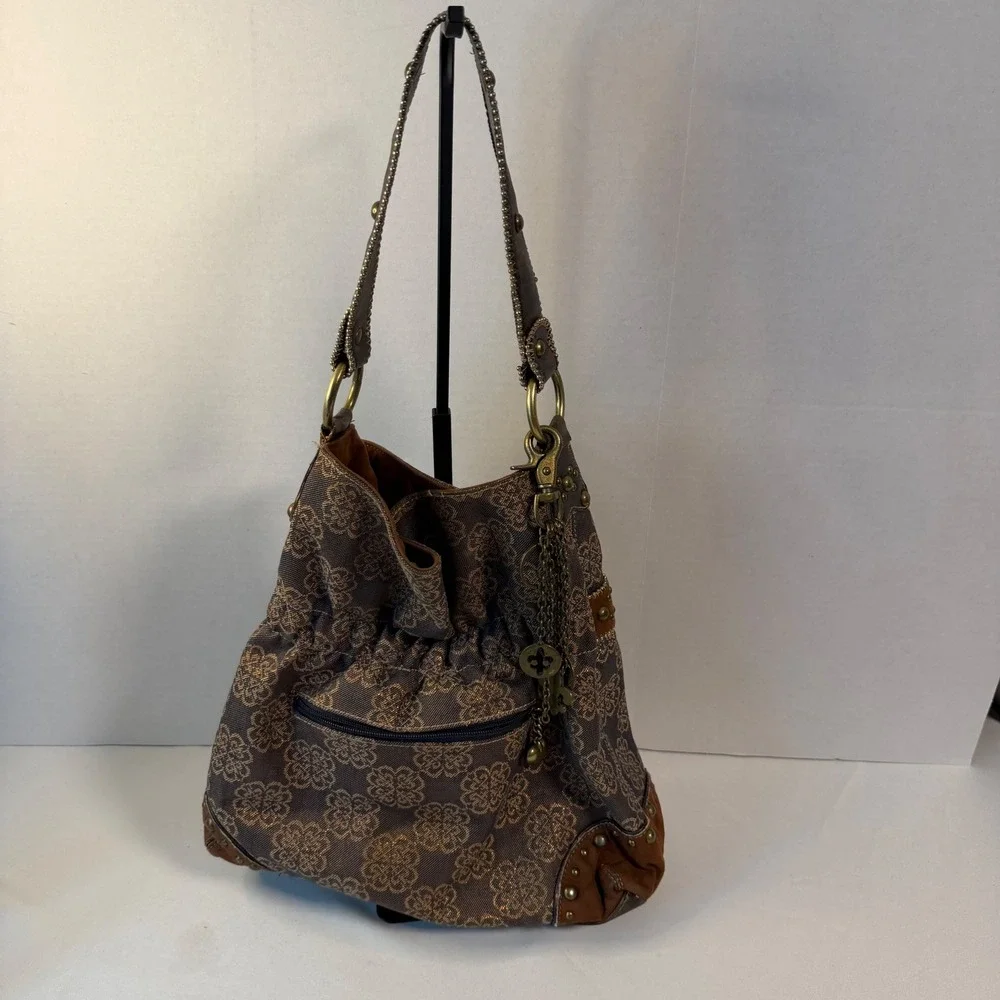Kathy Van Zeeland Hobo Bag Large Brown Fleur De Lis Studded Y2K Boho Purse